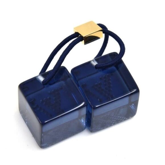 AUTH Louis Vuitton Dark Blue Lucite LV Rhinestone Logo Jumbo XL Hair Tie Cubes main image 8